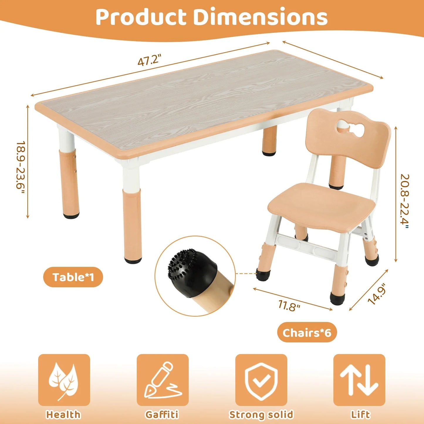 AuAg Kids Table 6 Chairs Set Height Adjustable Arts Desk