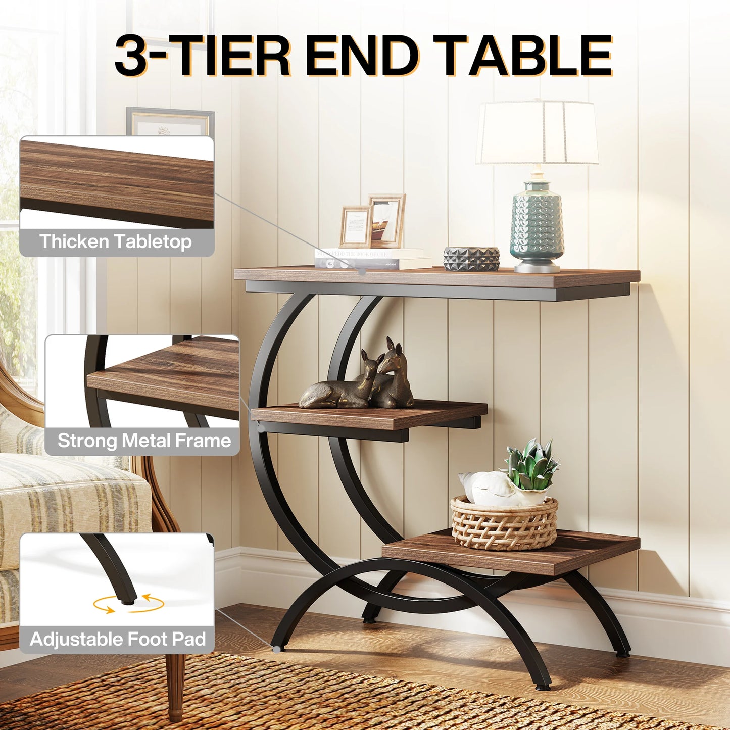 Tribesigns Industrial 3 Tier C Shaped End Table with Storage