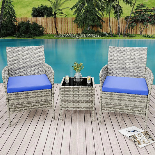 3-Piece Wicker Patio Sofa Set, All-Weather Rattan Conversation Set With Cushions & Glass Coffee Table For Garden, Porch, Lawn