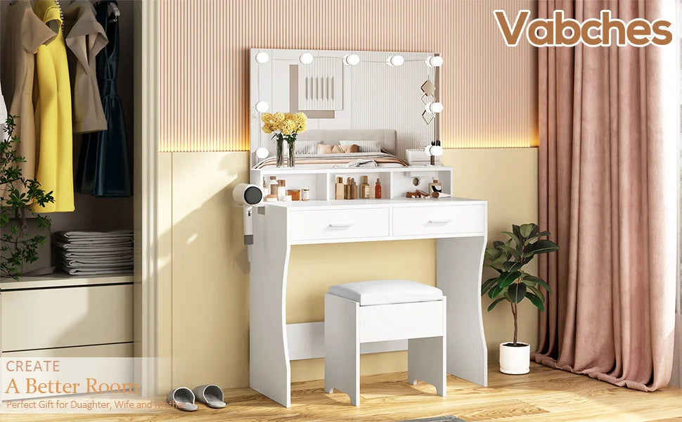 Vabches Vanity Desk With Lights Mirror And Power Outlet 2Drawer
