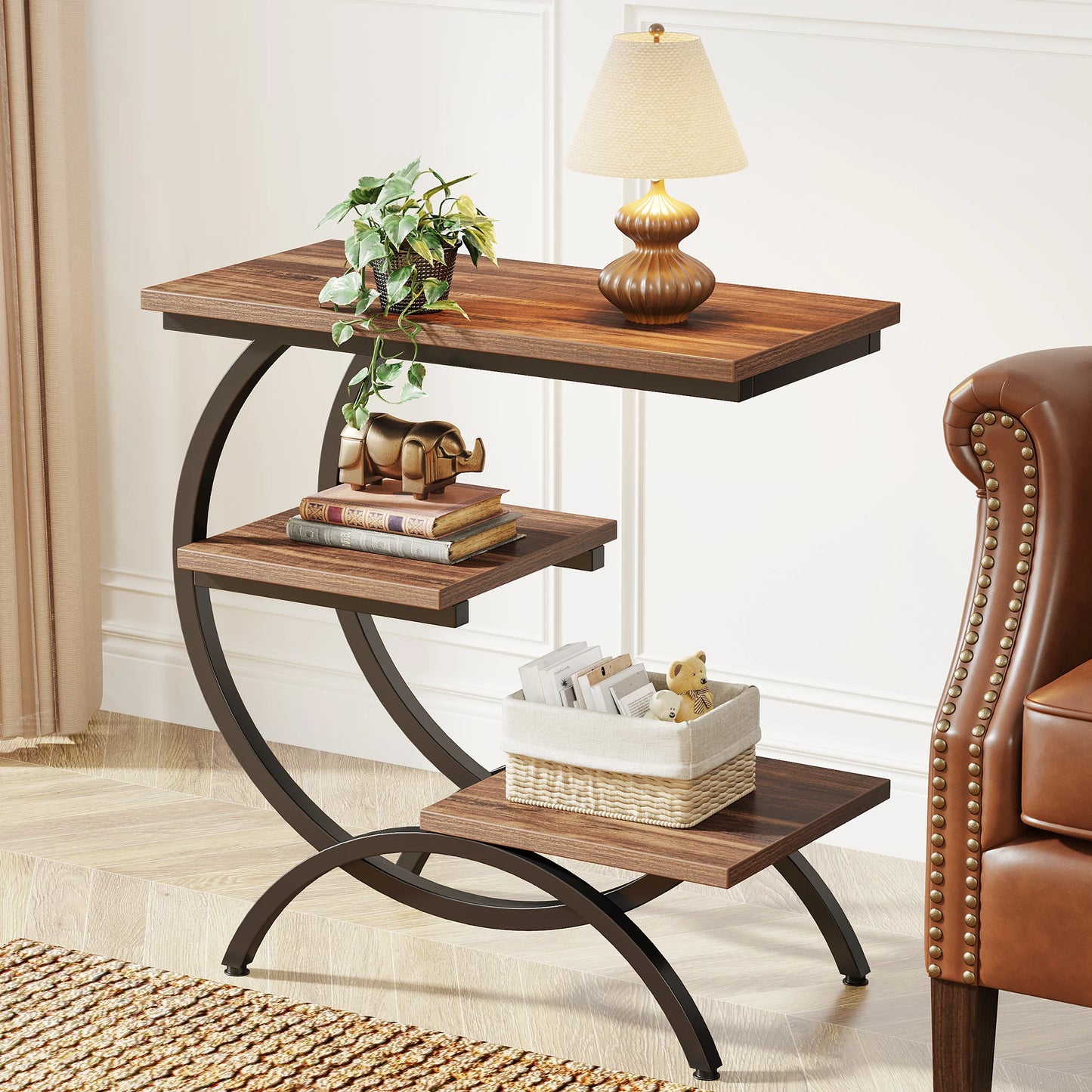 Tribesigns Industrial 3 Tier C Shaped End Table with Storage