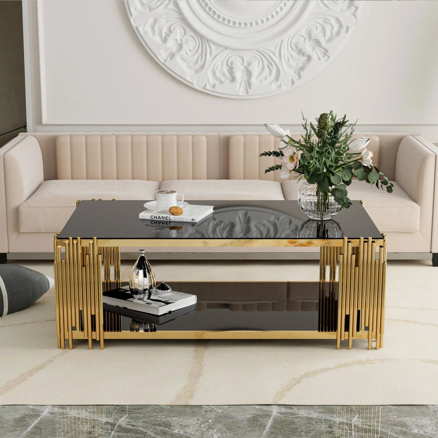 Stainless Steel Rectangle Glass Coffee Table Living Room Gold Leg