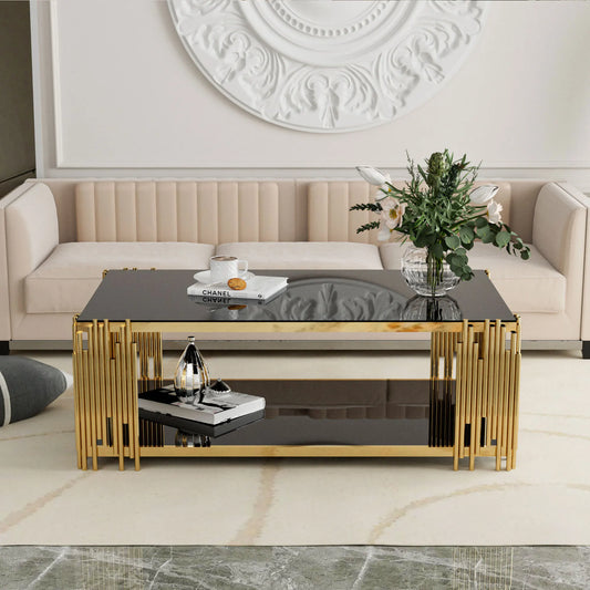 Stainless Steel Rectangle Glass Coffee Table Living Room Gold Leg