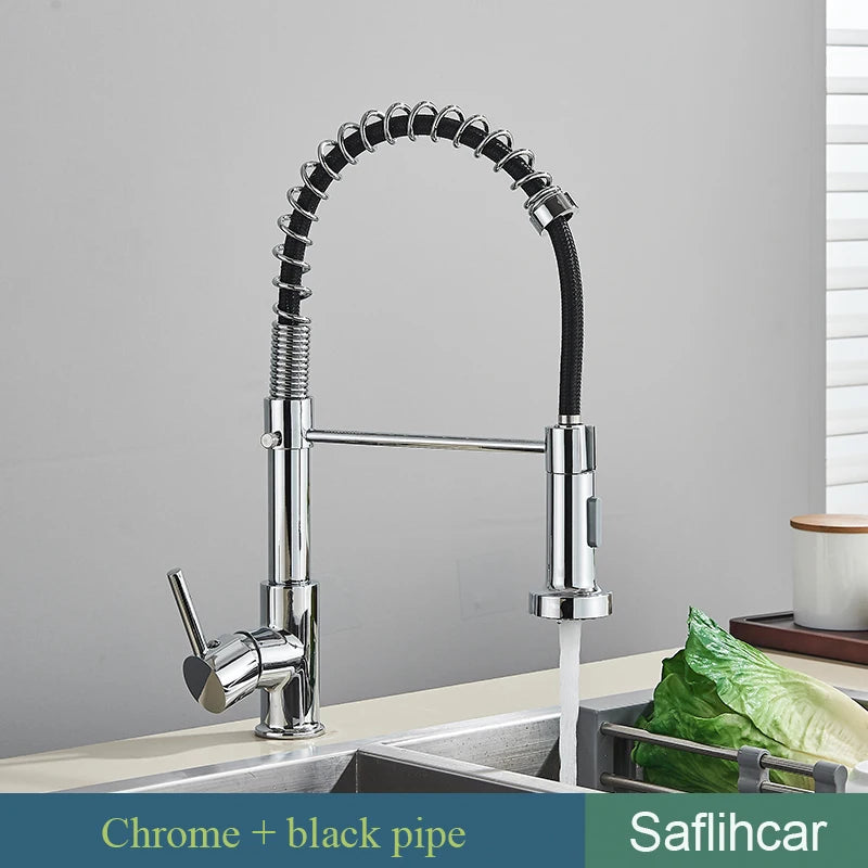 SAFLIHCAR Brushed Finish Pull Down Deck Mounted Kitchen Faucet Hot Cold