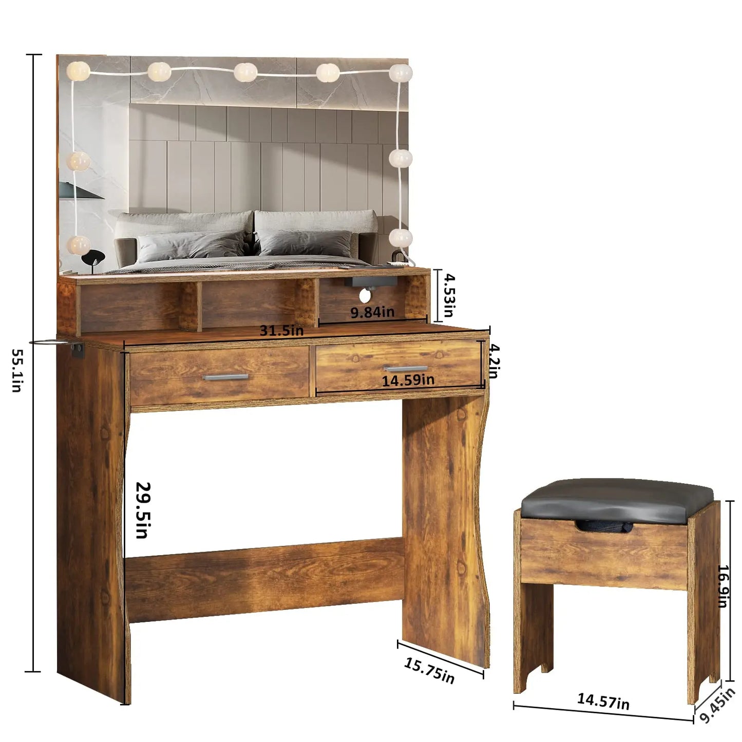 Vabches Vanity Desk With Lights Mirror And Power Outlet 2Drawer