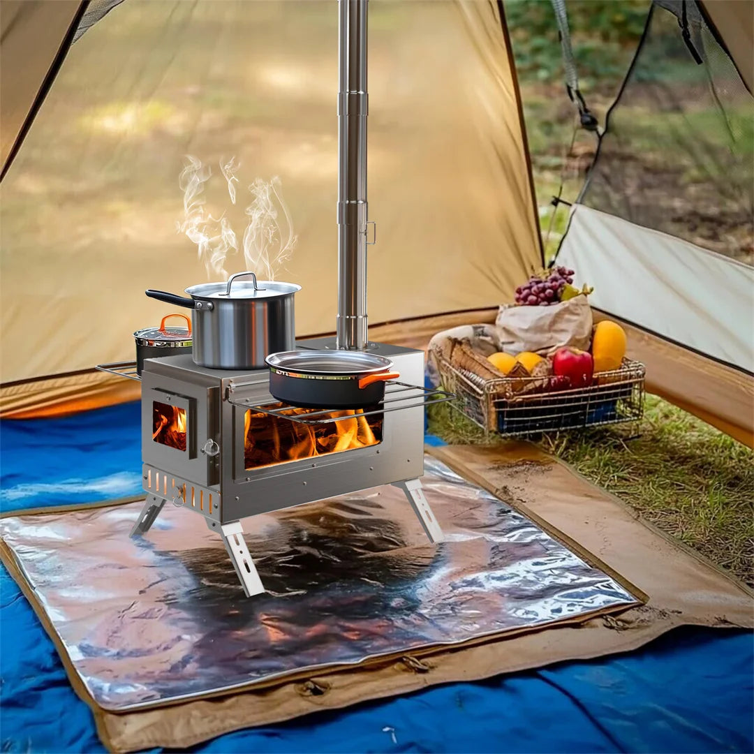 Portable Wood Burning Stove With Stainless Chimney Pipes Outdoor Cooking