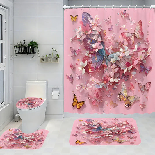 Butterfly Themed Four Piece Waterproof Bathroom Set Shower Curtain