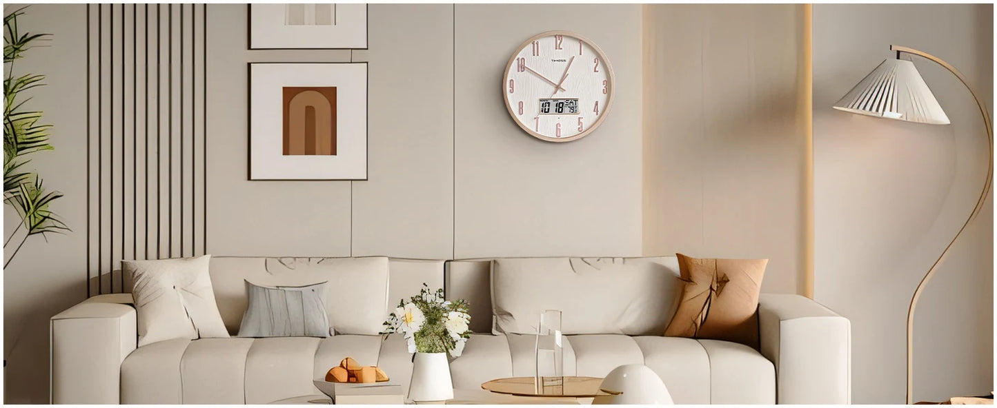 TIMESS Luminous Voice-activated Wall Clock, 14-inch Night Light Analog, Silent Battery Powered, Perpetual Calendar, Decorative