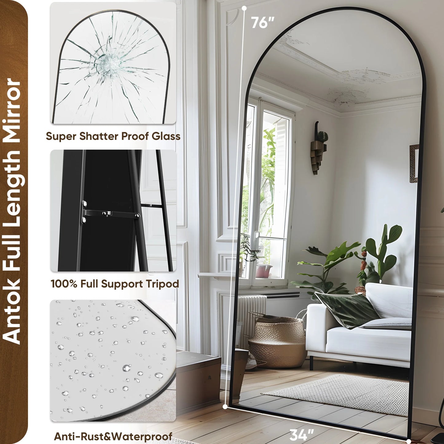 Antok Arch Floor Mirror Freestanding Full Length For Bedroom
