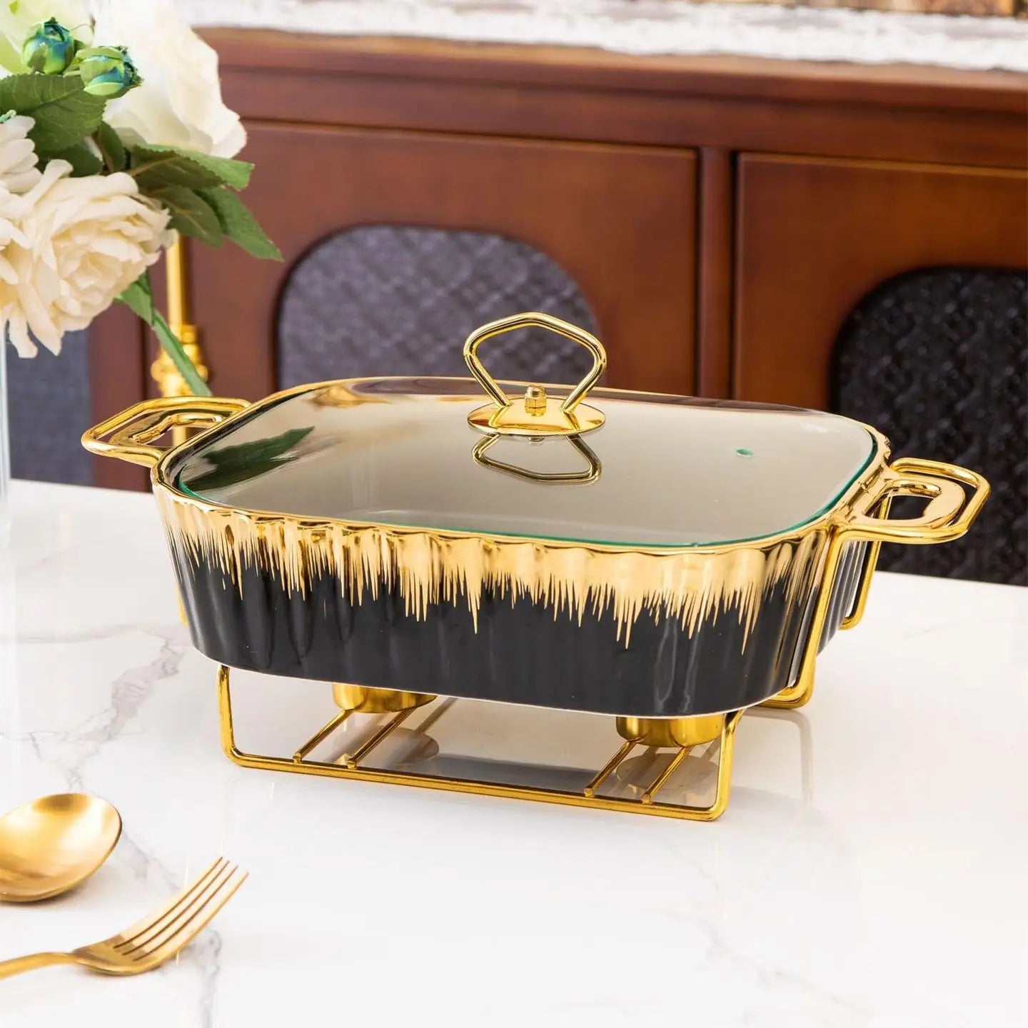 Ceramic Chafing Dishes Buffet Set 3 Piece With Gold Trim