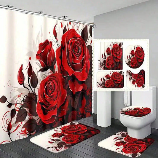 Rose Pattern Shower Curtain Set 3 Piece With Hooks Mat