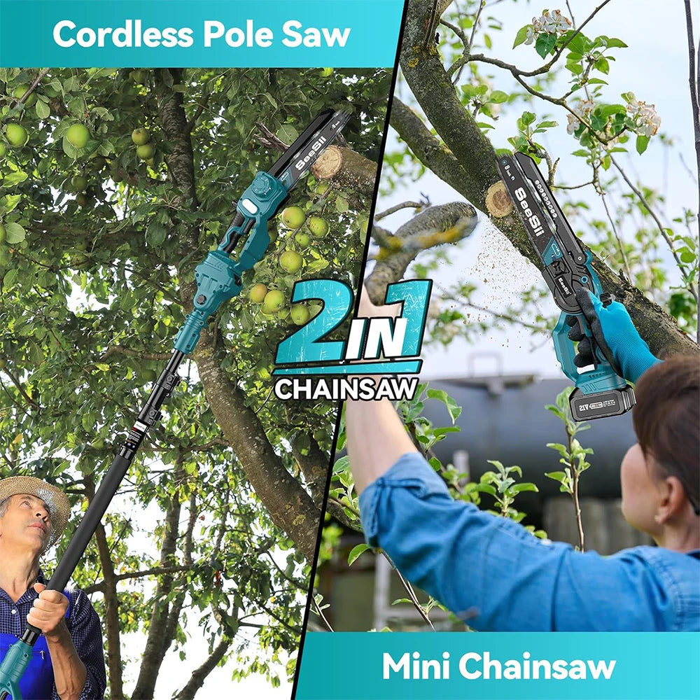 Seesii Polesaw High branch saw Cordless 8'' Electric Chainsaw with 3M Extension Pole for Tree Trimming Limb Cutter Pruner