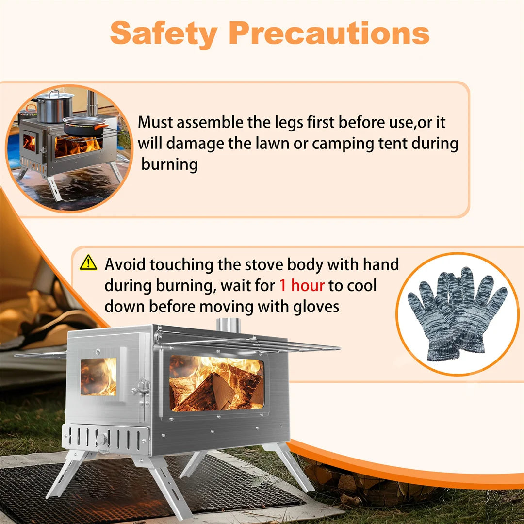 Portable Wood Burning Stove With Stainless Chimney Pipes Outdoor Cooking