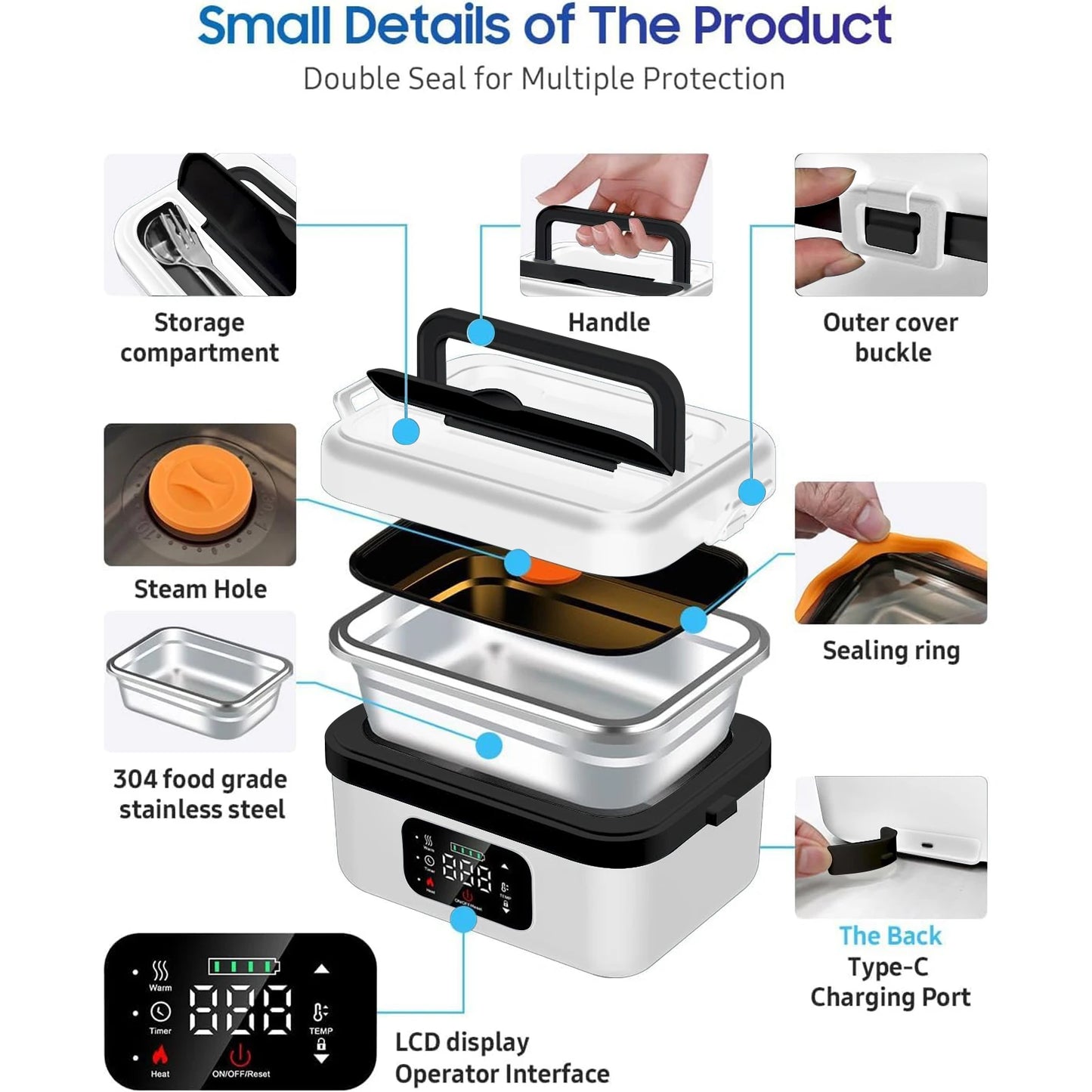 Rechargeable Timer Lunch Box With Automatic Heating And Insulated Bag