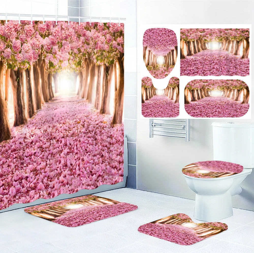 Forest Theme Bathroom Four Piece Set Waterproof Shower Curtain Kit