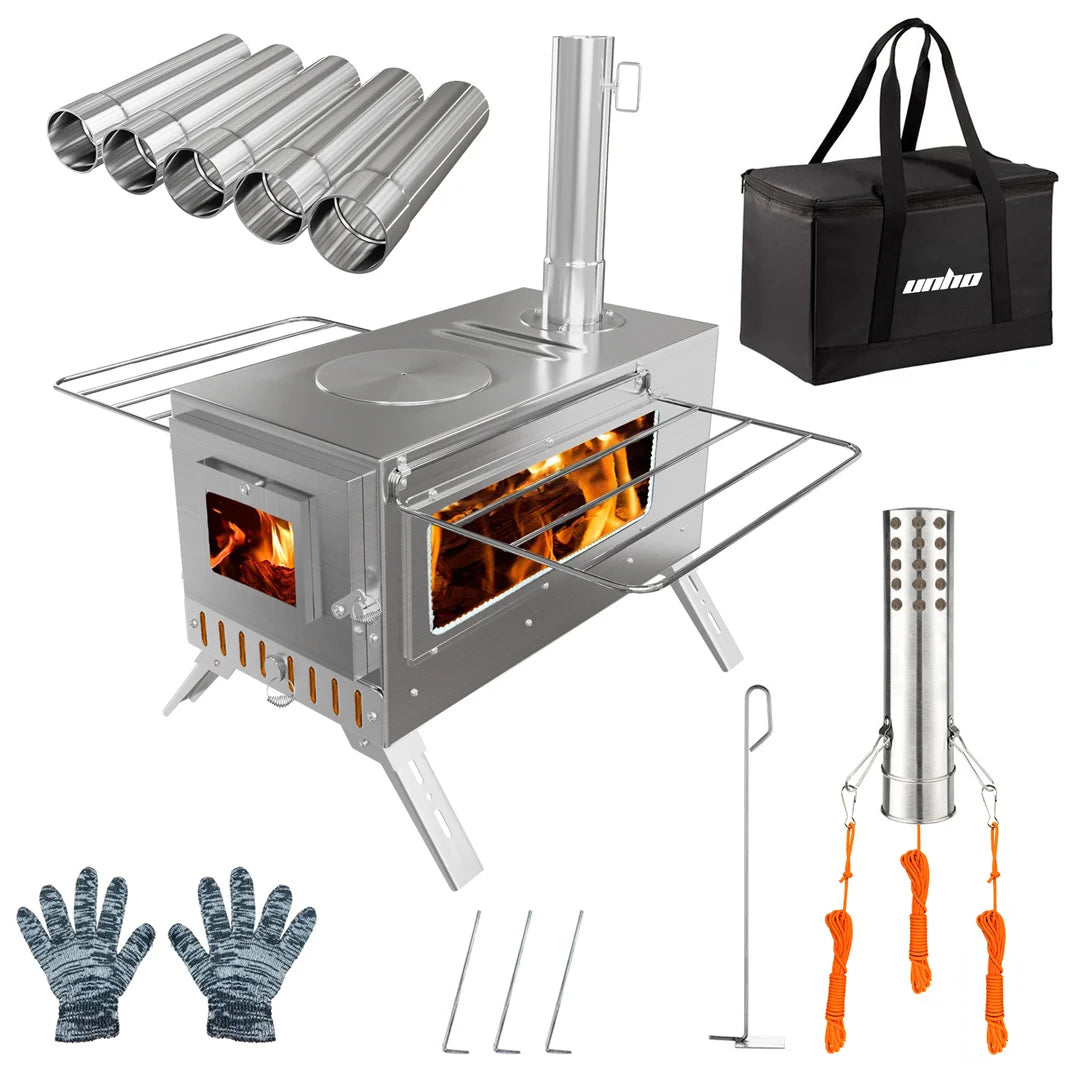 Portable Wood Burning Stove With Stainless Chimney Pipes Outdoor Cooking