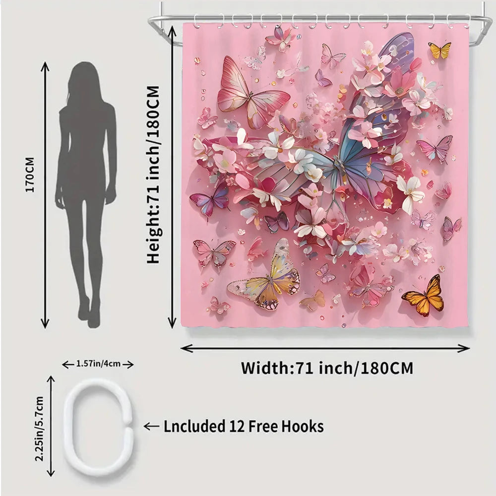 Butterfly Themed Four Piece Waterproof Bathroom Set Shower Curtain