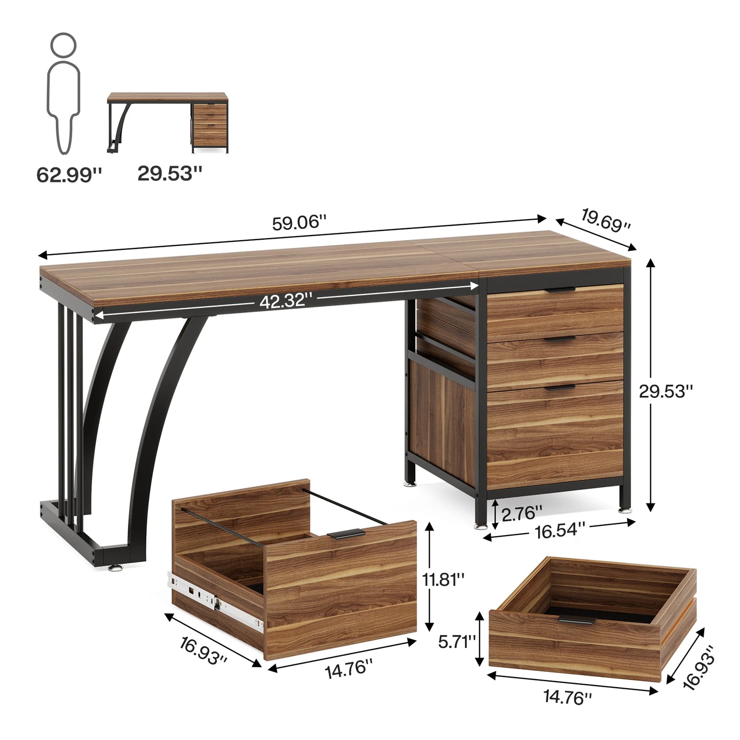 Tribesigns Industrial Computer Desk With 3 Drawers And Reversible Setup