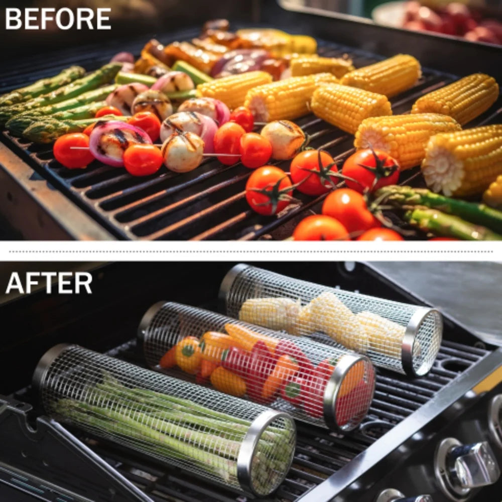 Feature Stainless Steel Rolling Grill Baskets With Hooks And Forks