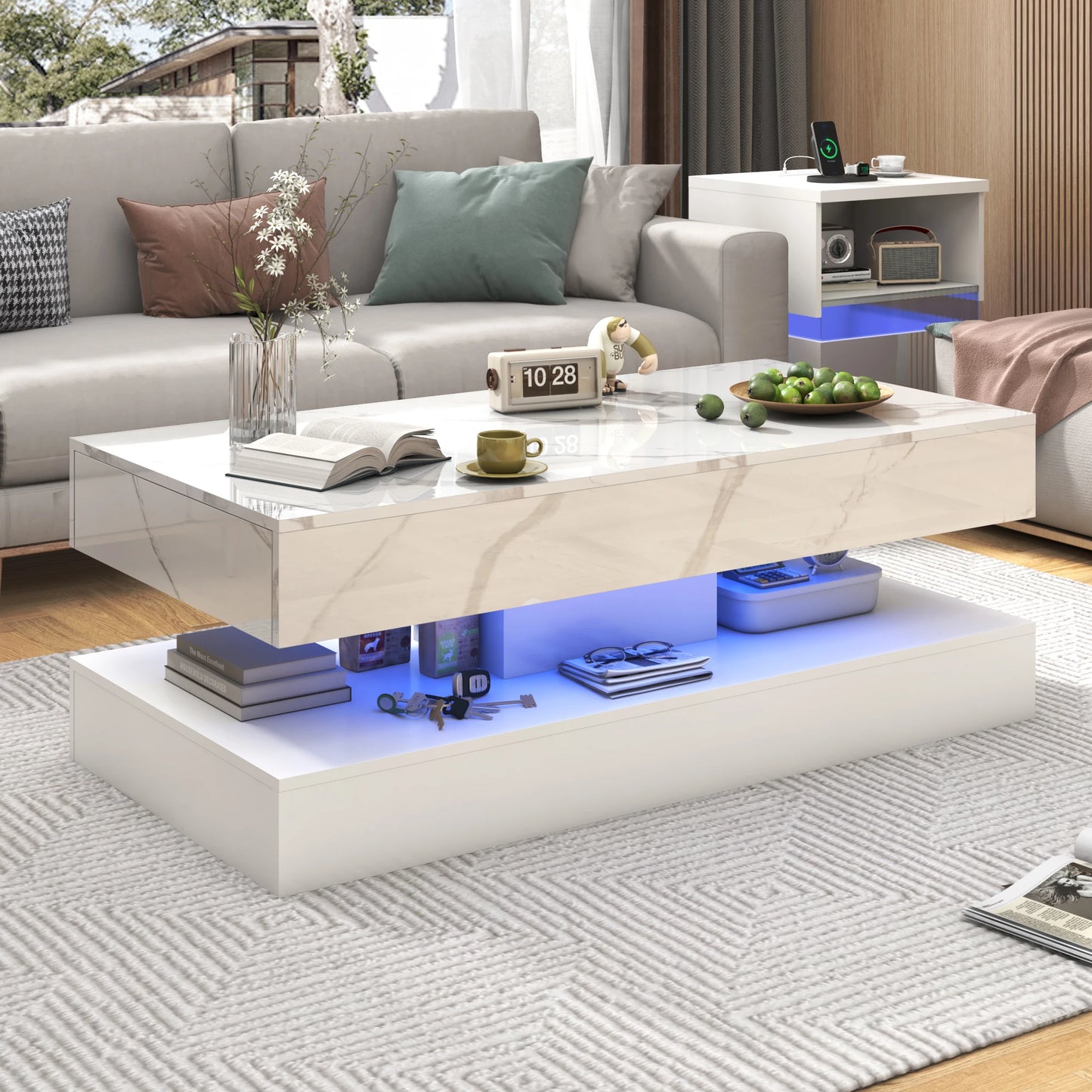 QiaoShiRen Modern LED Coffee Table With Double Drawers