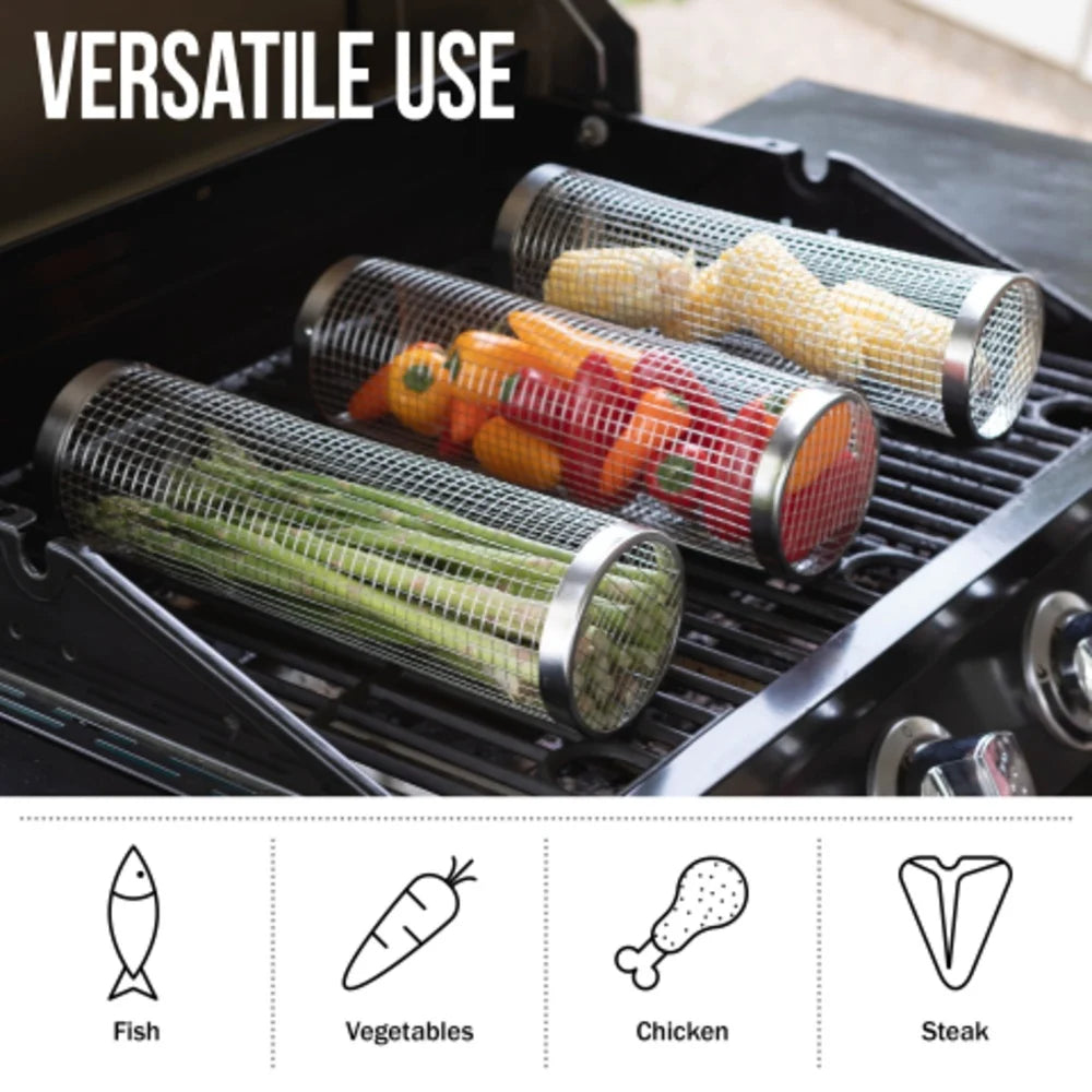 Feature Stainless Steel Rolling Grill Baskets With Hooks And Forks