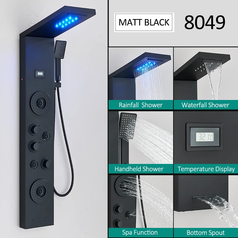 Black LED Shower Panel Tower System Rain Waterfall Shower Column Hydroelectricity Massage Body Spa Bath Shower Faucet Mixer