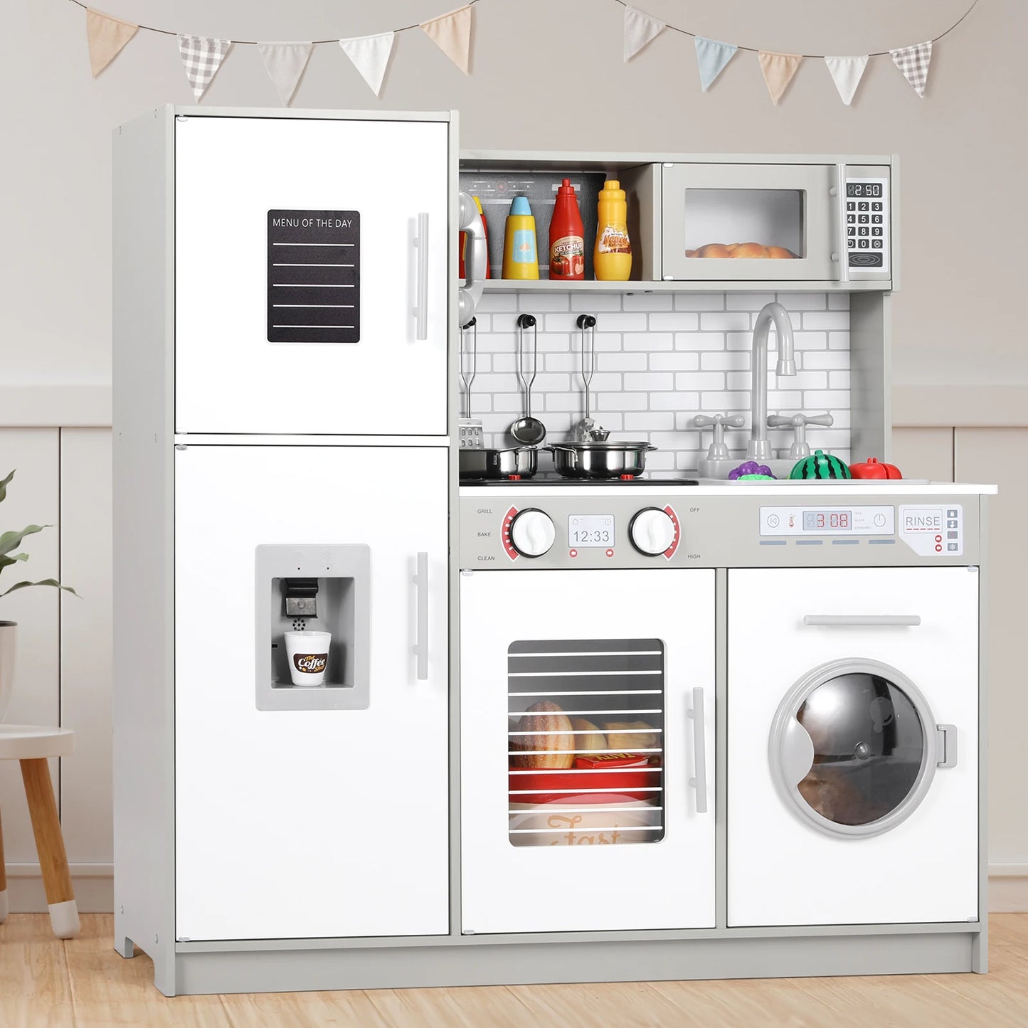 Wooden Kitchen Pretend Playset For Kids With Cookware