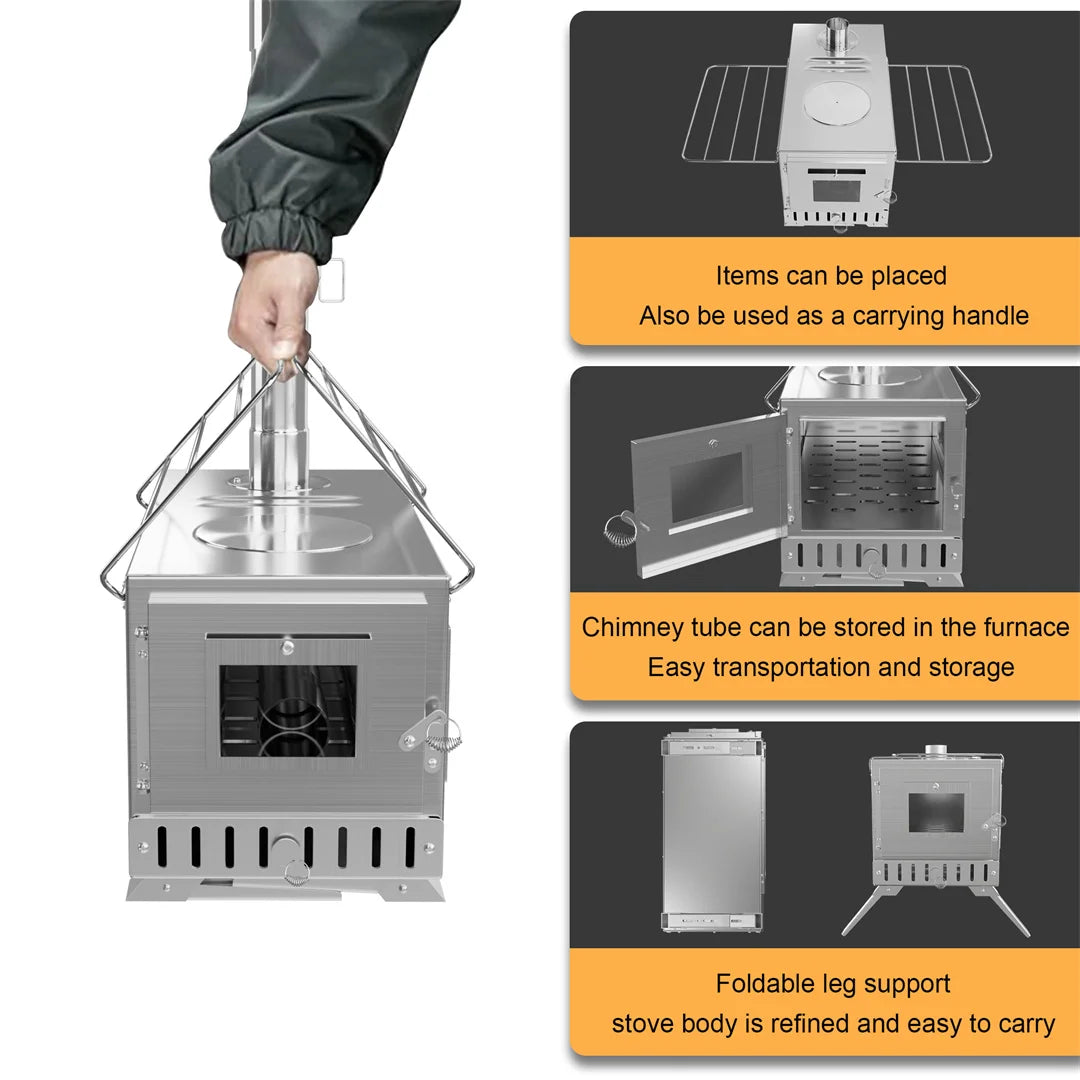 Portable Wood Burning Stove With Stainless Chimney Pipes Outdoor Cooking