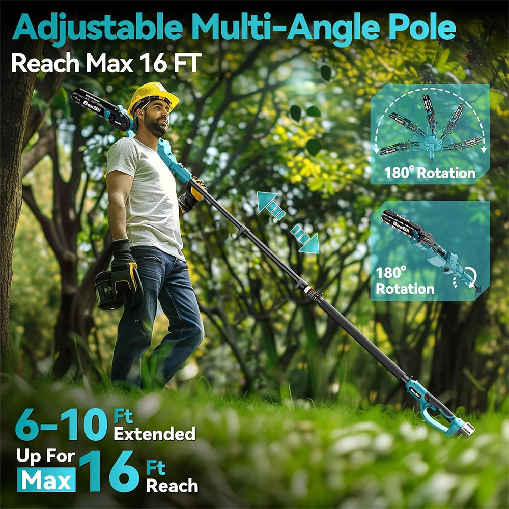 Seesii Polesaw High branch saw Cordless 8'' Electric Chainsaw with 3M Extension Pole for Tree Trimming Limb Cutter Pruner
