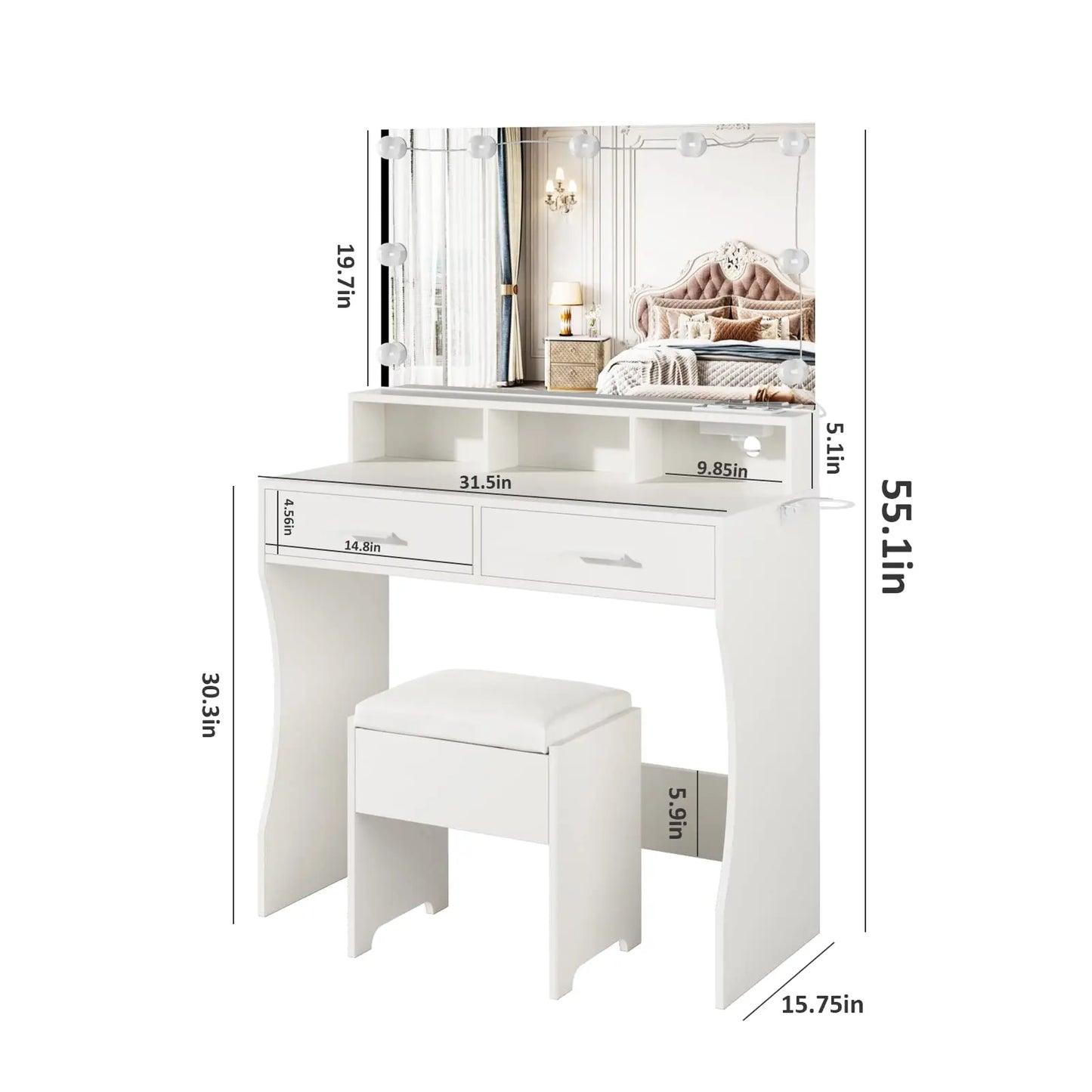 Vabches Vanity Desk With Lights Mirror And Power Outlet 2Drawer