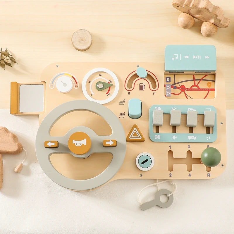 Montessori Baby Wooden Car Steering Wheel Activity Busy Board Education