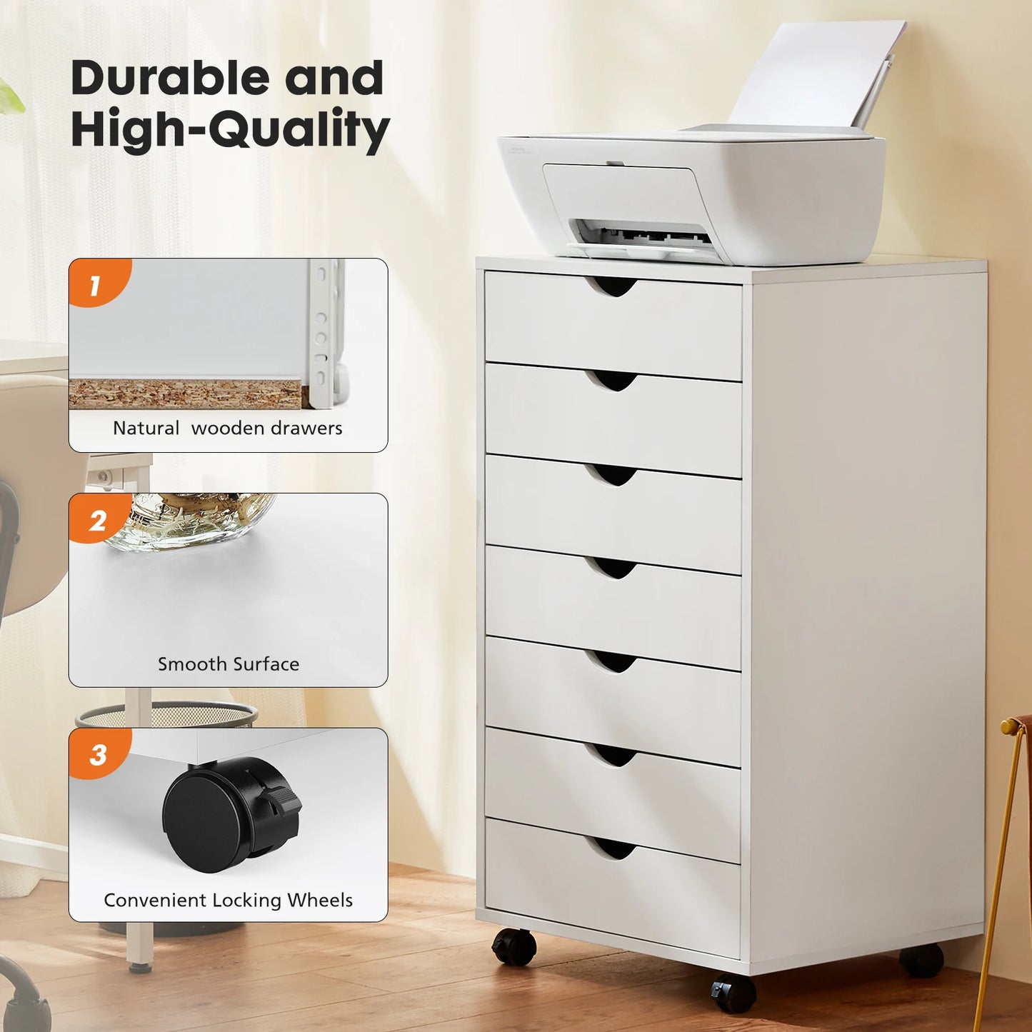 JHK Wooden 7 Drawer Chest Nightstand Storage Cabinet On Wheels