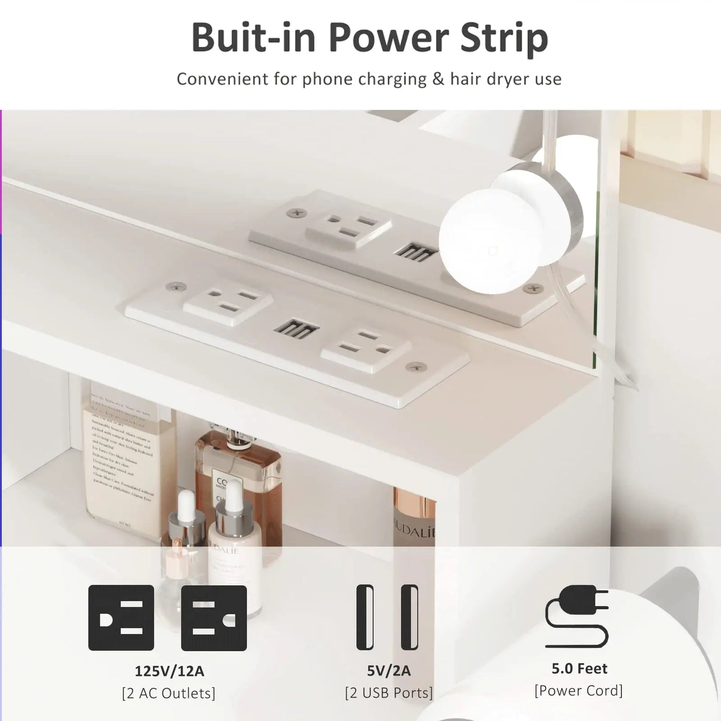 Vabches Vanity Desk With Lights Mirror And Power Outlet 2Drawer