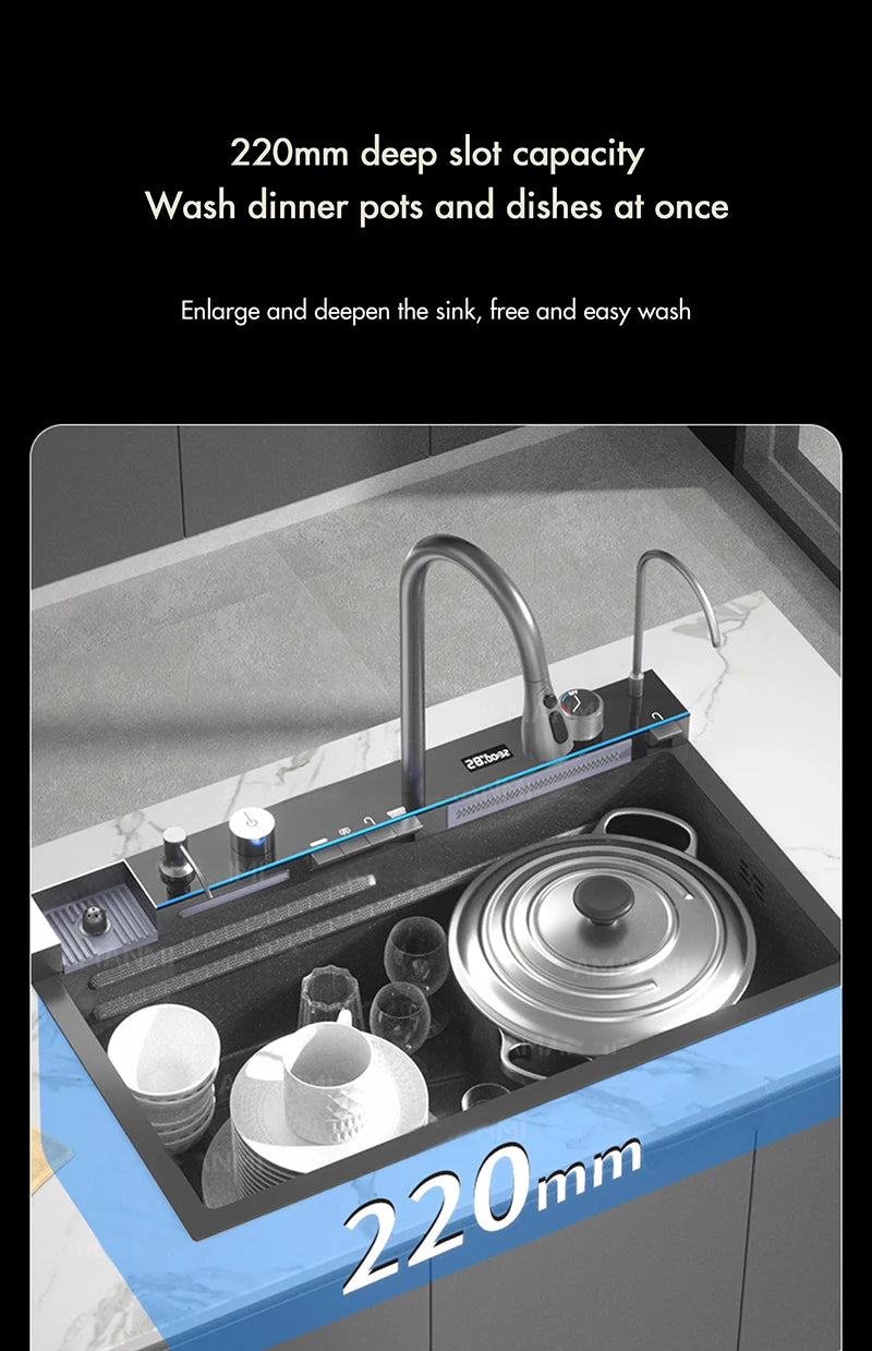 MYQualife 304 Stainless Steel Waterfall Kitchen Sink Digital Display Faucet