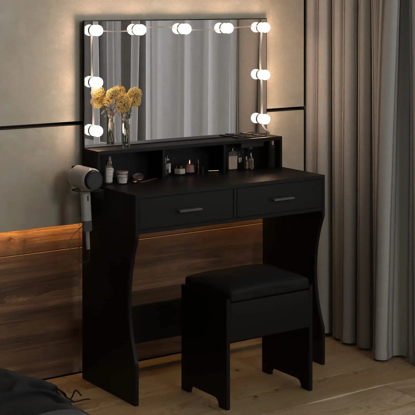 Vabches Vanity Desk With Lights Mirror And Power Outlet 2Drawer