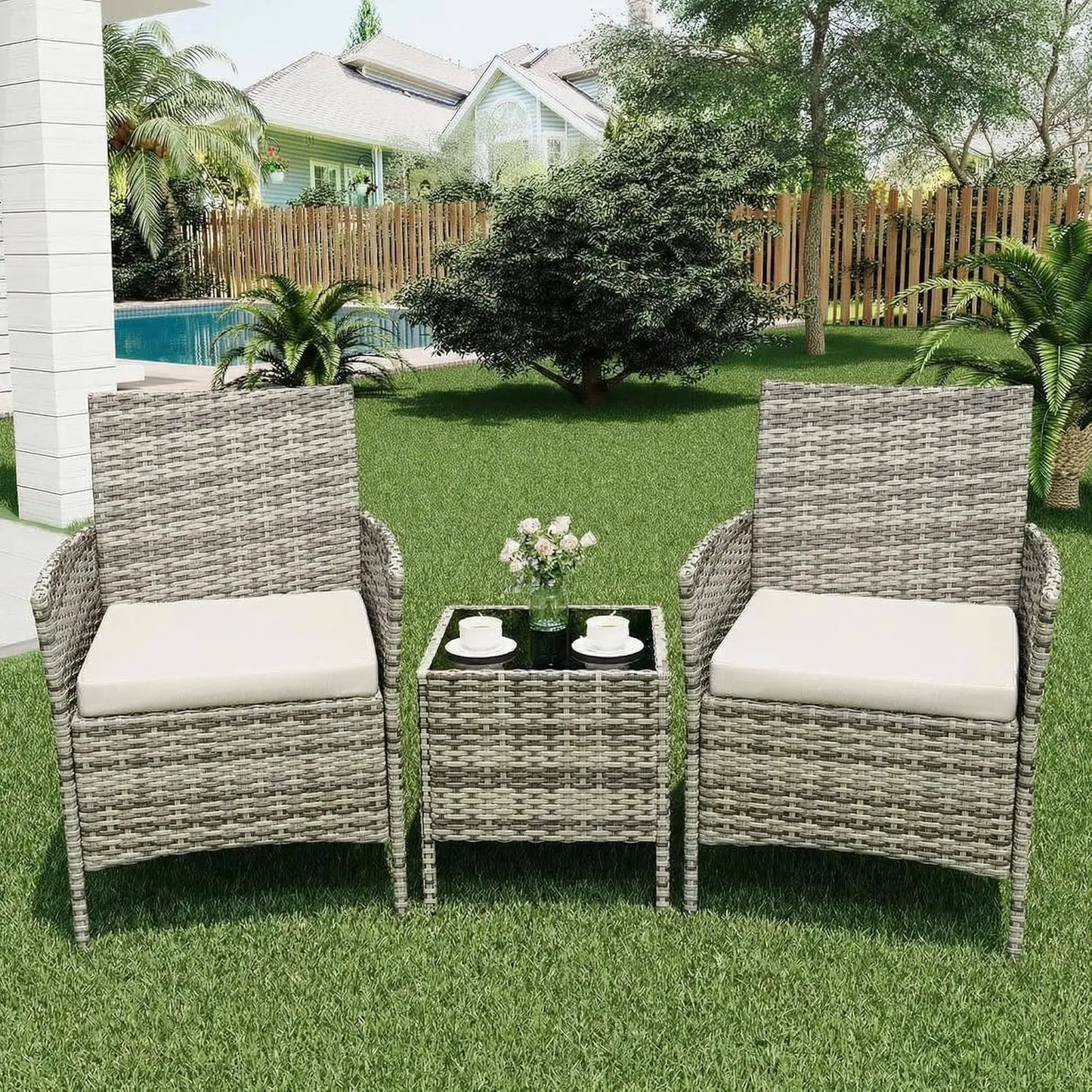 3-Piece Wicker Patio Sofa Set, All-Weather Rattan Conversation Set With Cushions & Glass Coffee Table For Garden, Porch, Lawn