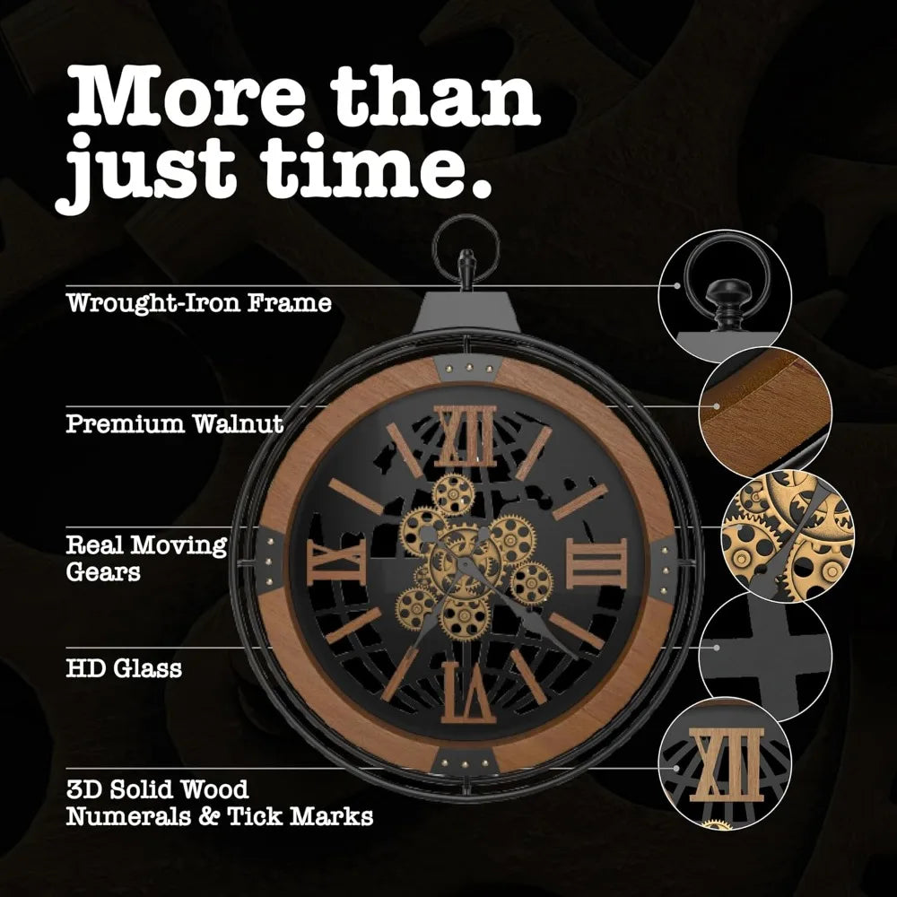 Rustic Farmhouse Gear Clock With Moving Gears And Iron Frame