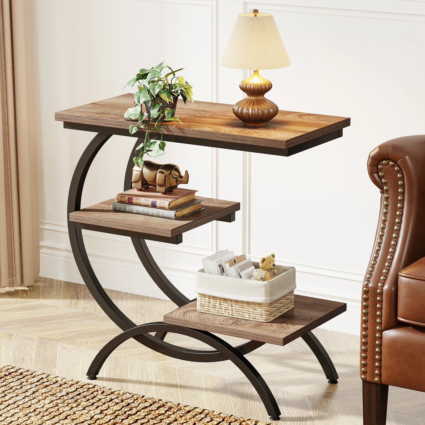 Tribesigns Industrial 3 Tier C Shaped End Table with Storage