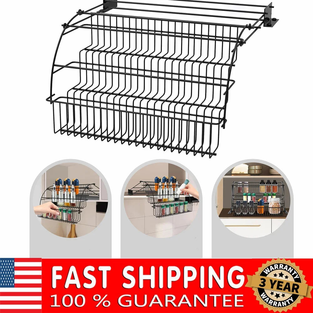 Bymaocar Three Tier Adjustable Pull Down Spice Rack Kitchen Storage