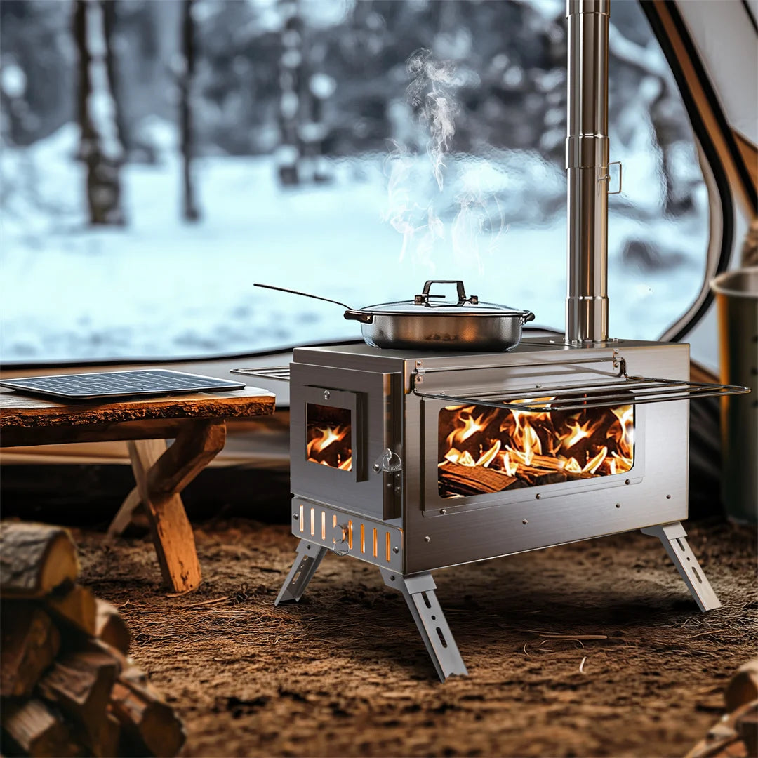 Portable Wood Burning Stove With Stainless Chimney Pipes Outdoor Cooking