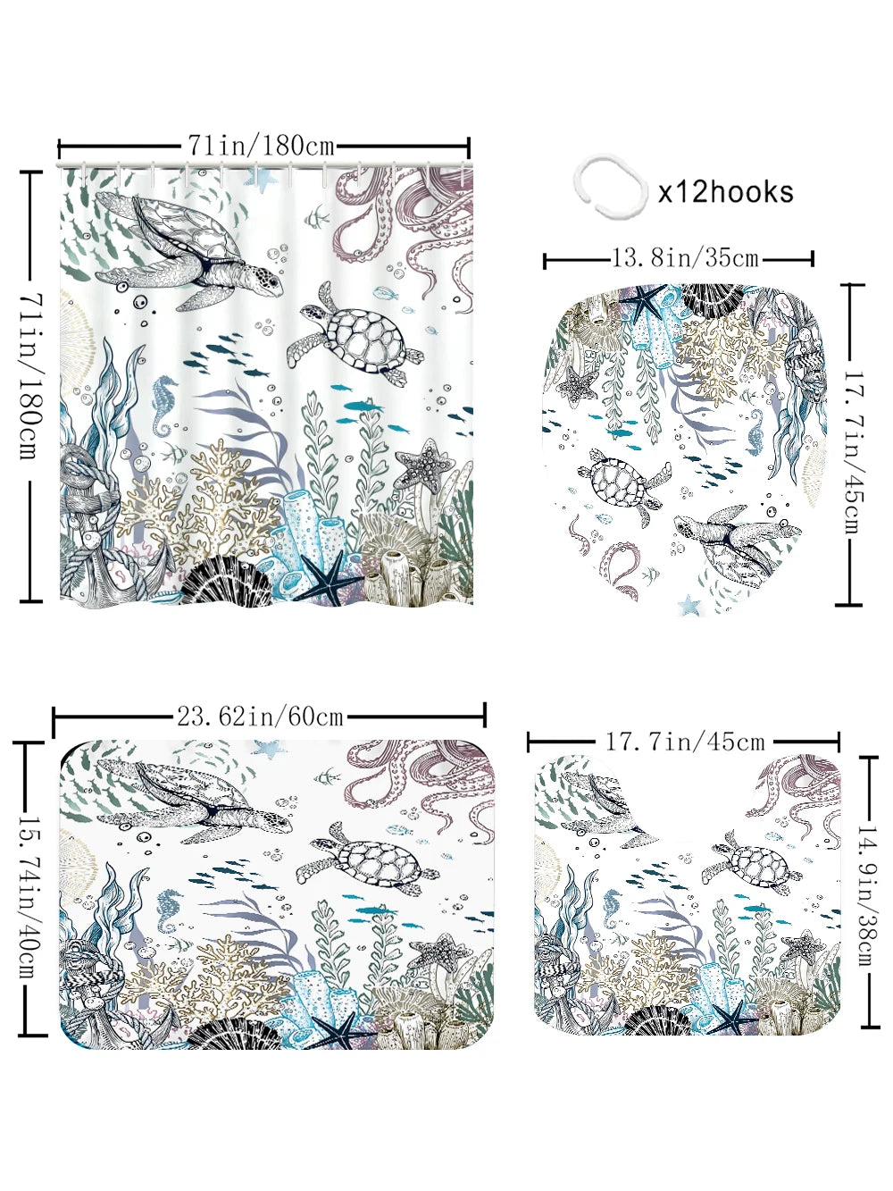 Turtle Four-Piece Bathroom Set With Waterproof Shower Curtain