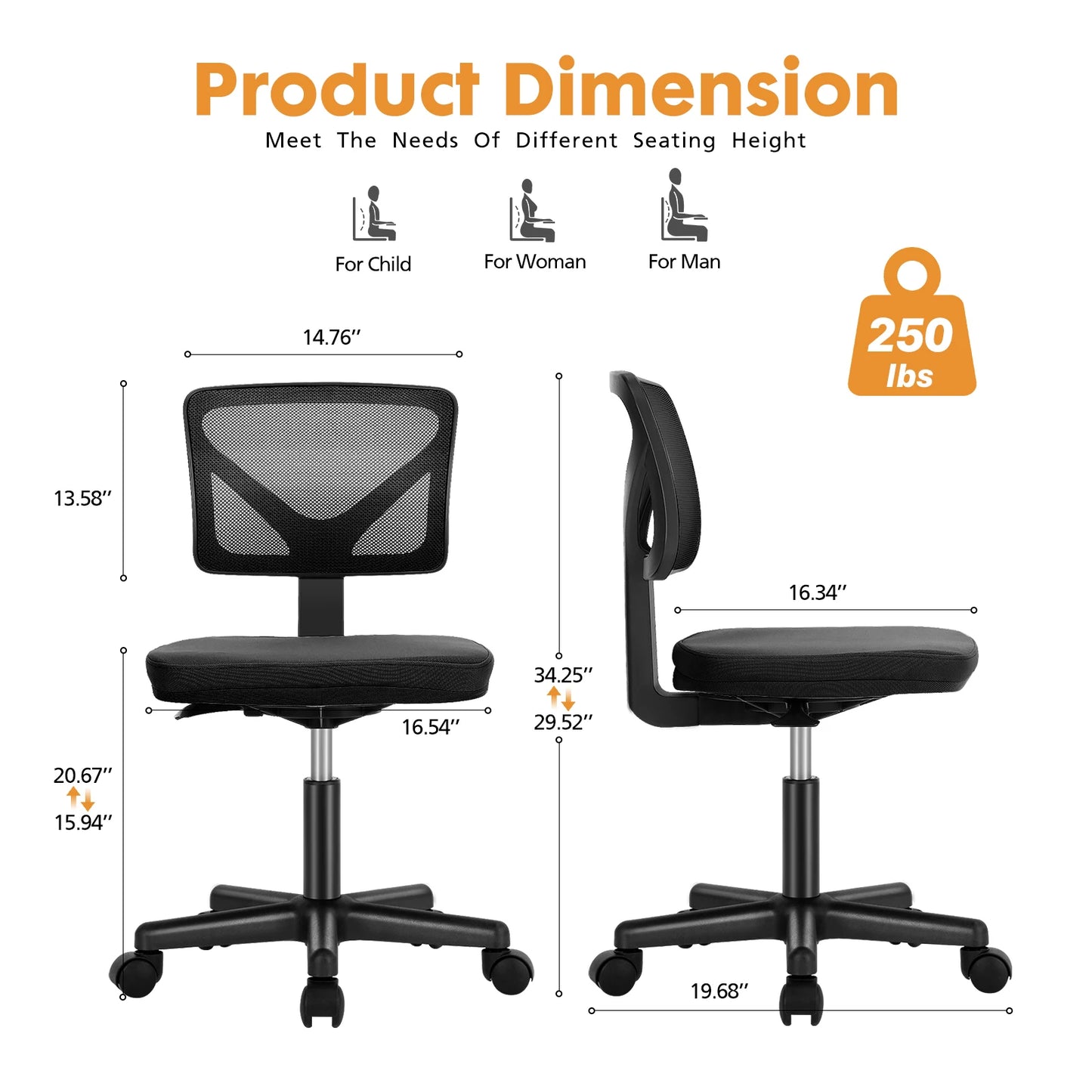 JHK Mesh Lumbar Support Armless Office Chair With Adjustable Height