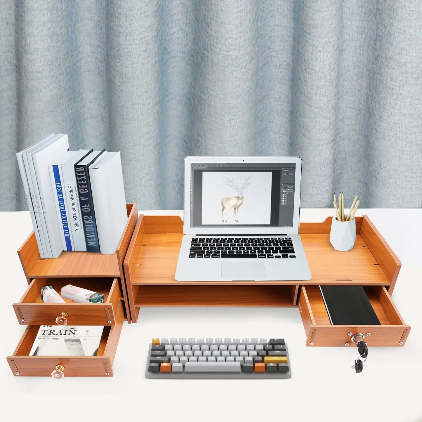 Wood Monitor Stand Riser 2-Tier Drawer for PC Desk Ergonomic