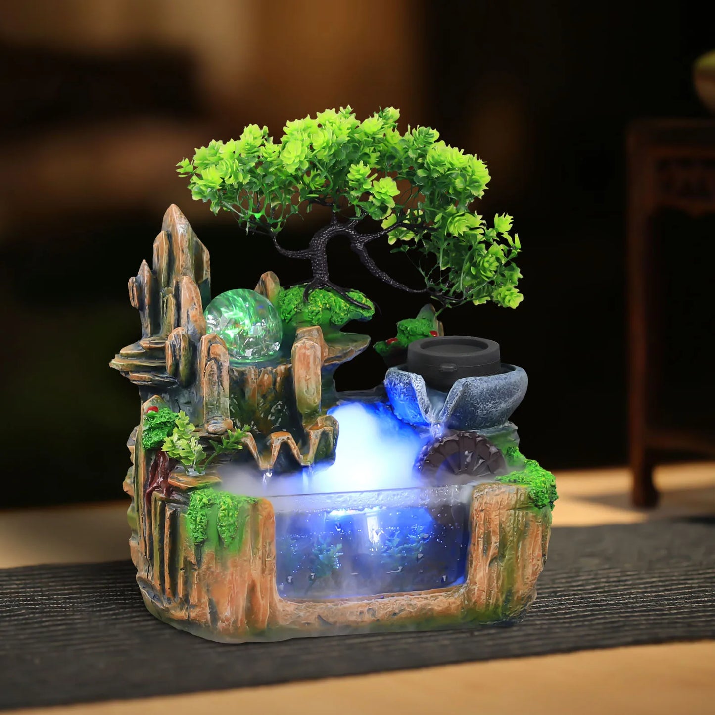 Hign-concerned Rockery Water Fountain With LED Light And Mist Tabletop Decor