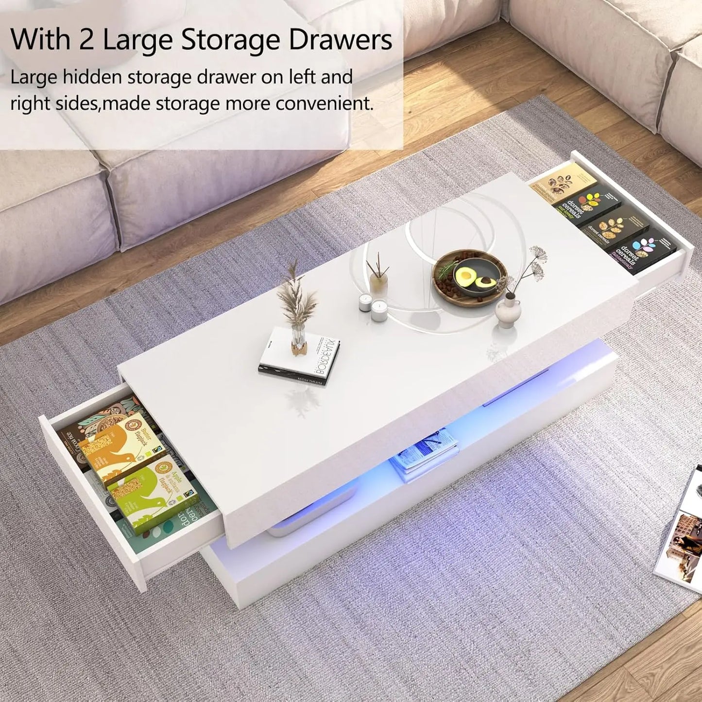 QiaoShiRen Modern LED Coffee Table With Double Drawers