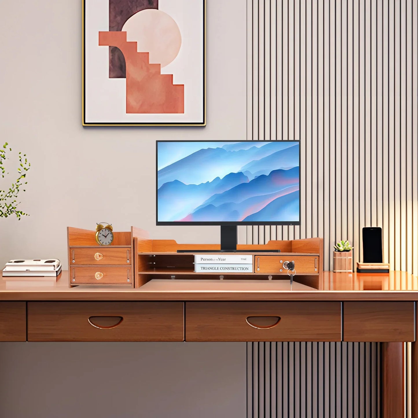 Wood Monitor Stand Riser 2-Tier Drawer for PC Desk Ergonomic