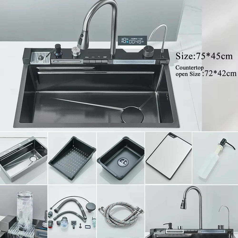 MYQualife 304 Stainless Steel Waterfall Kitchen Sink Digital Display Faucet