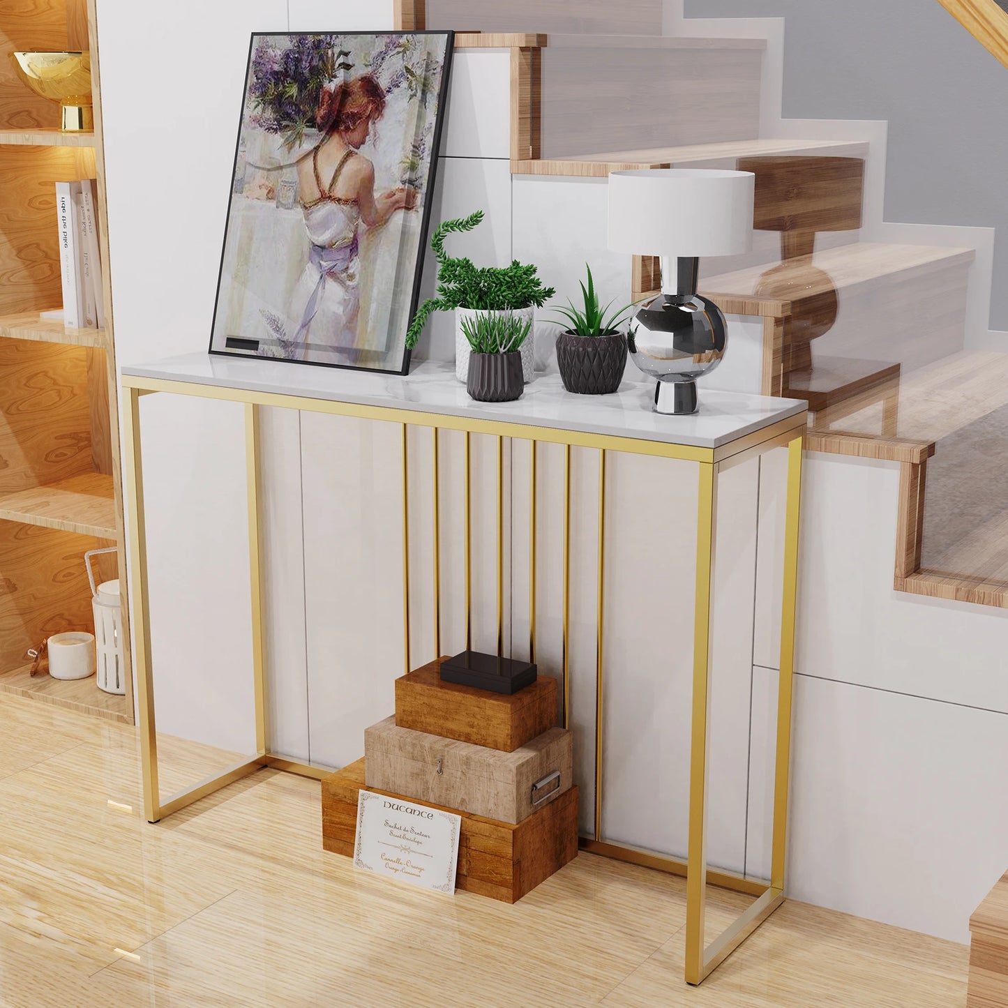 BINGOPAW Minimalist Marble Console Table With Metal Frame