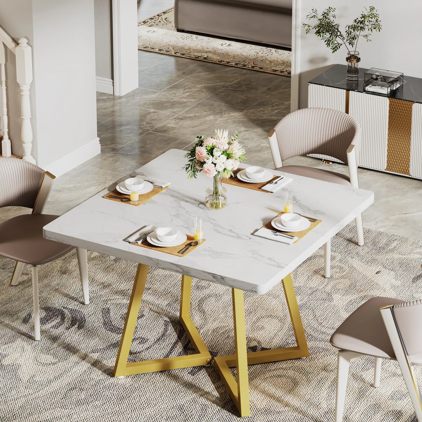 Tribesigns Square Dining Table For Four With Metal Base