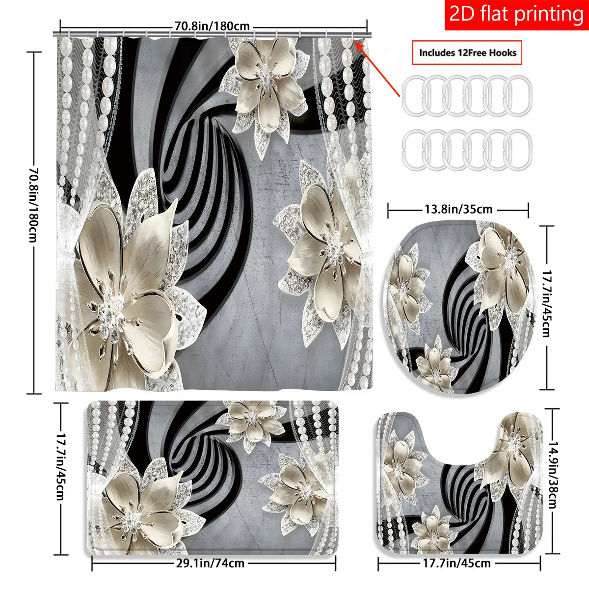 Diamond Flower Shower Curtain Decoration Set Polyester Waterproof Home Decor